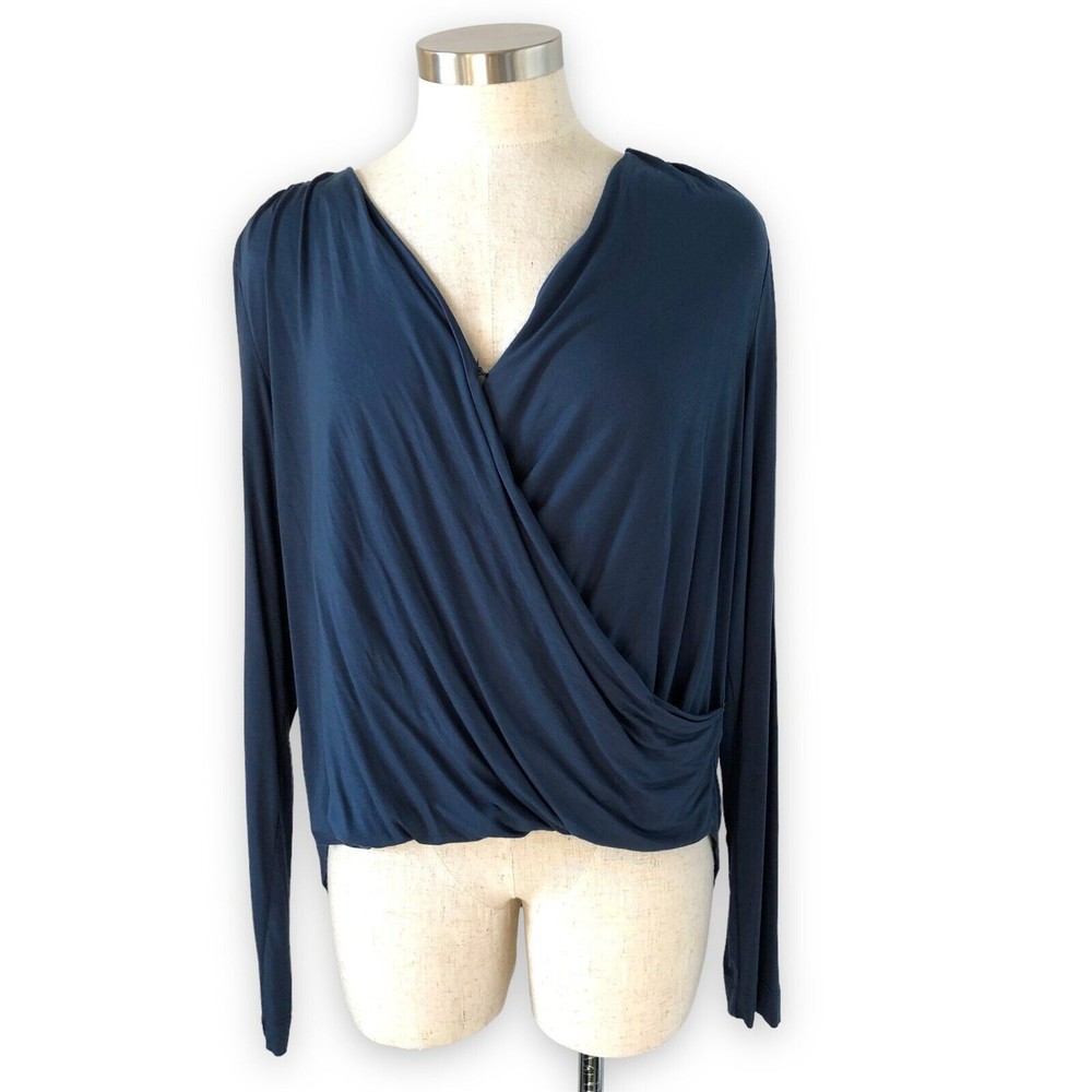 Betabrand Large Aphrodite Top Draped Knit Long Sleeve Wrap Front Blue